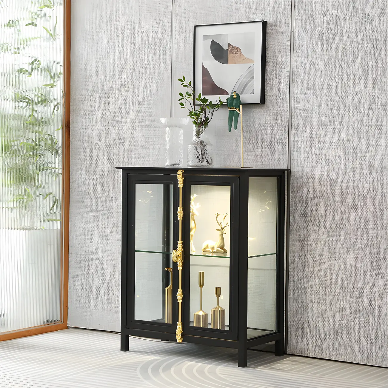 Glam Black Metal Frame Glass Curio Cabinet