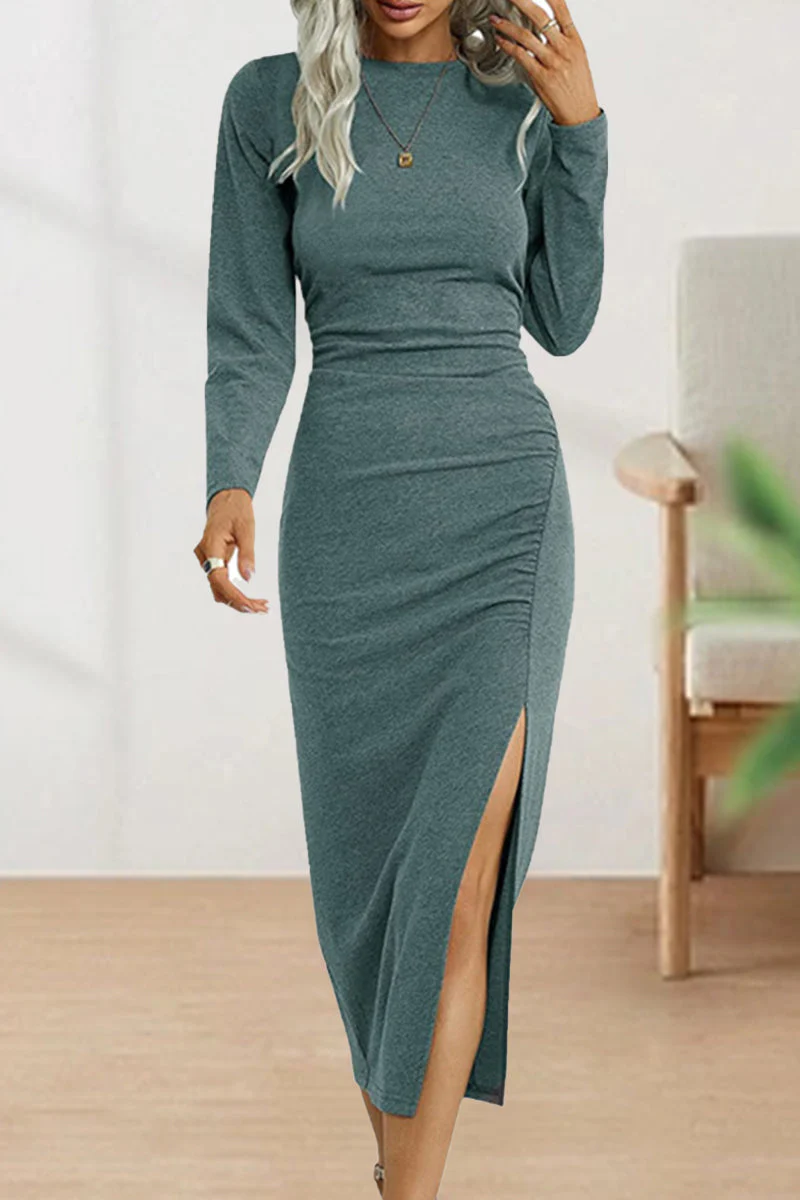 hulianfu Sweet Elegant Solid Fold O Neck Sheath Dresses(6 Colors) - Deanwangkt
