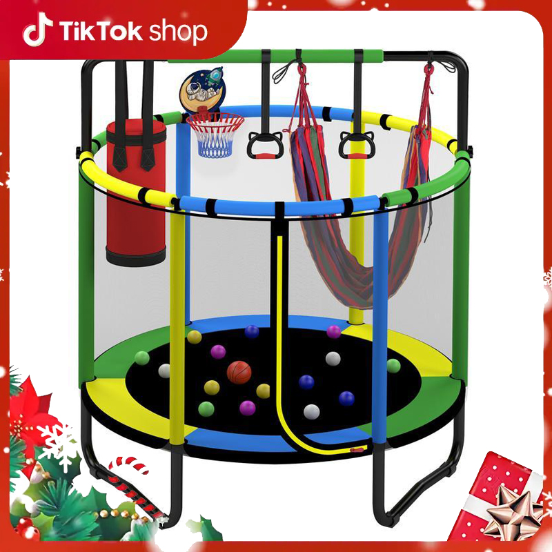 Segmart Mini Round Trampoline for Kids with Basketball Hoop, 55'' Indoor Outdoor Toddler Trampoline with Enclosure Net, Swing, Sandbag, Ring, Ocean Balls, Small Trampoline Gift for Boys Girls, Best Christmas Gift for Kids, Black Friday