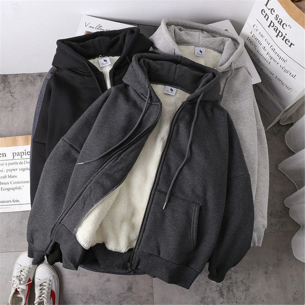 hulianfu Jacket women solid color hoodies autumn winter imitation lamb wool korean loose plus velvet thick zipper sweatshirt tops - Deanwangkt
