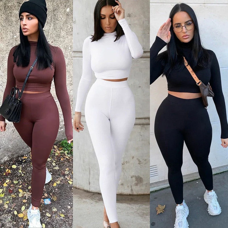 hulianfu Two Piece Sets Women Solid Autumn Tracksuits High Waist Stretchy Sportswear Hot Crop Tops And Leggings Matching Outfits - Deanwangkt