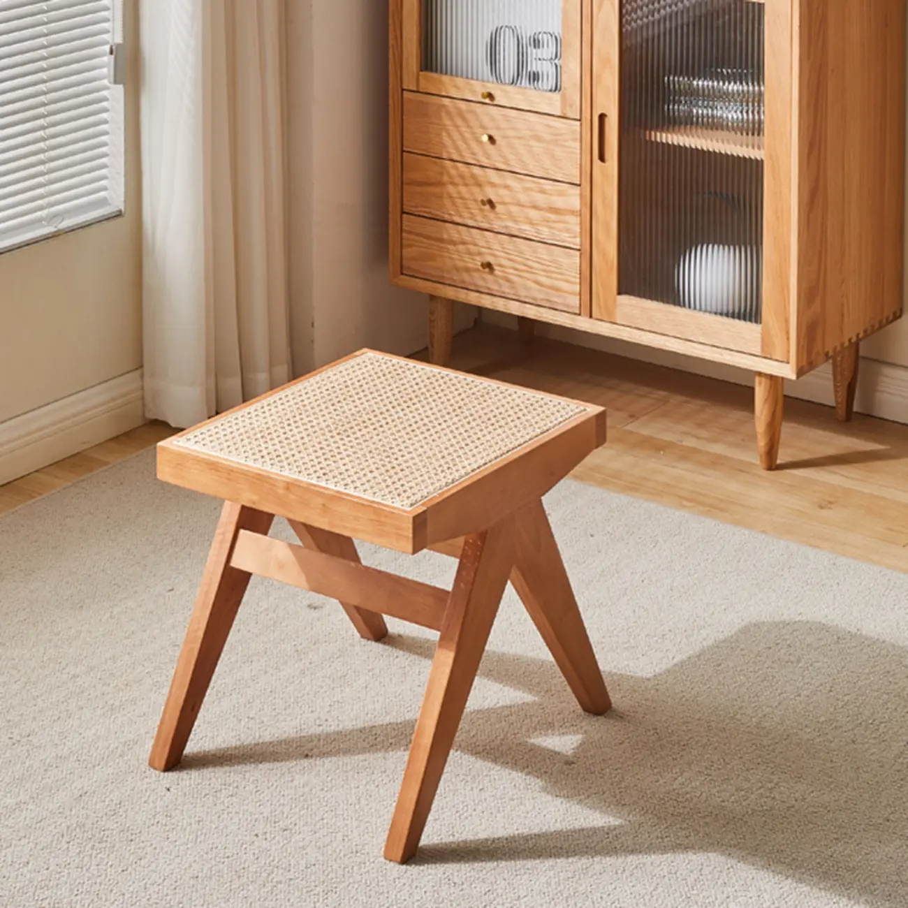 Elegant Rattan Top Finish Wooden Rectangular Cherry Benches