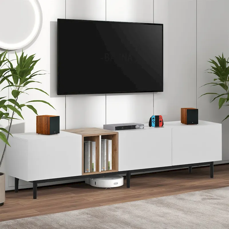 Modern TV Stand for 80 TV with 3 Doors with Large Storage Cabinet