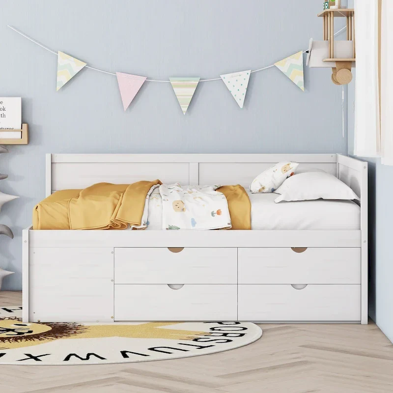 Nordic Creative Full Size Daybed with Drawers and Shelves Storage Bed Frame for Kids Teens Adults Space-Saving, Easy Assembly