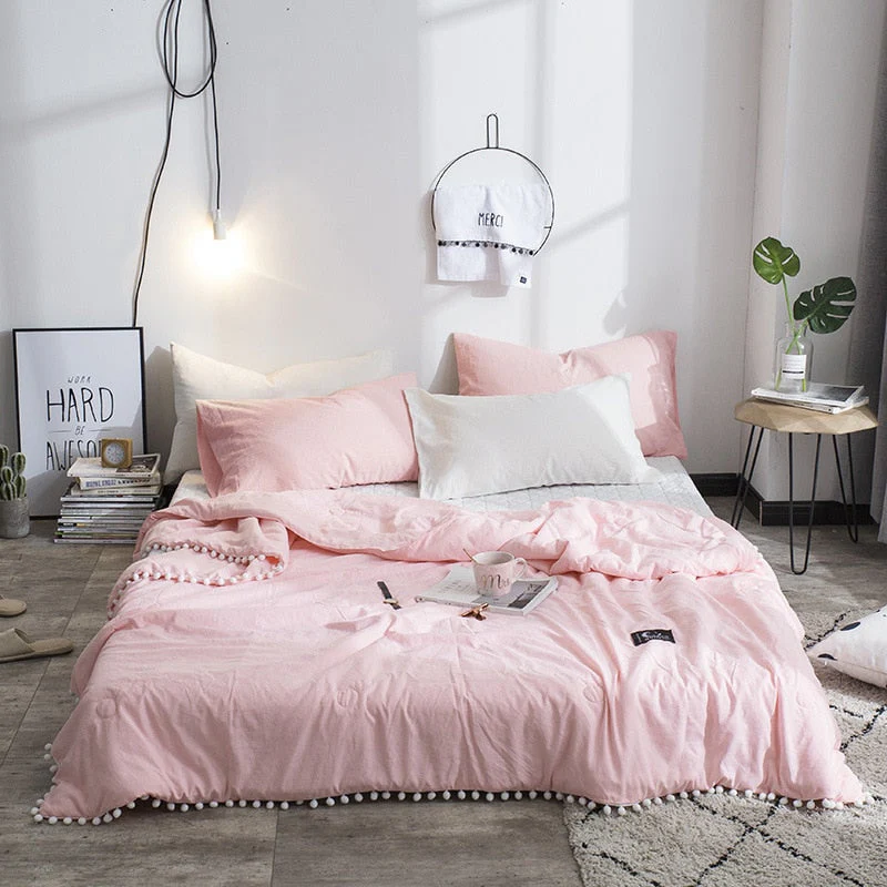HULIANFU Summer throw Quilts fresh pink patchwork quilt stitching small balls duvet 1pc soft bedspread solid bed cover pastoral bed linen - Deanwangkt