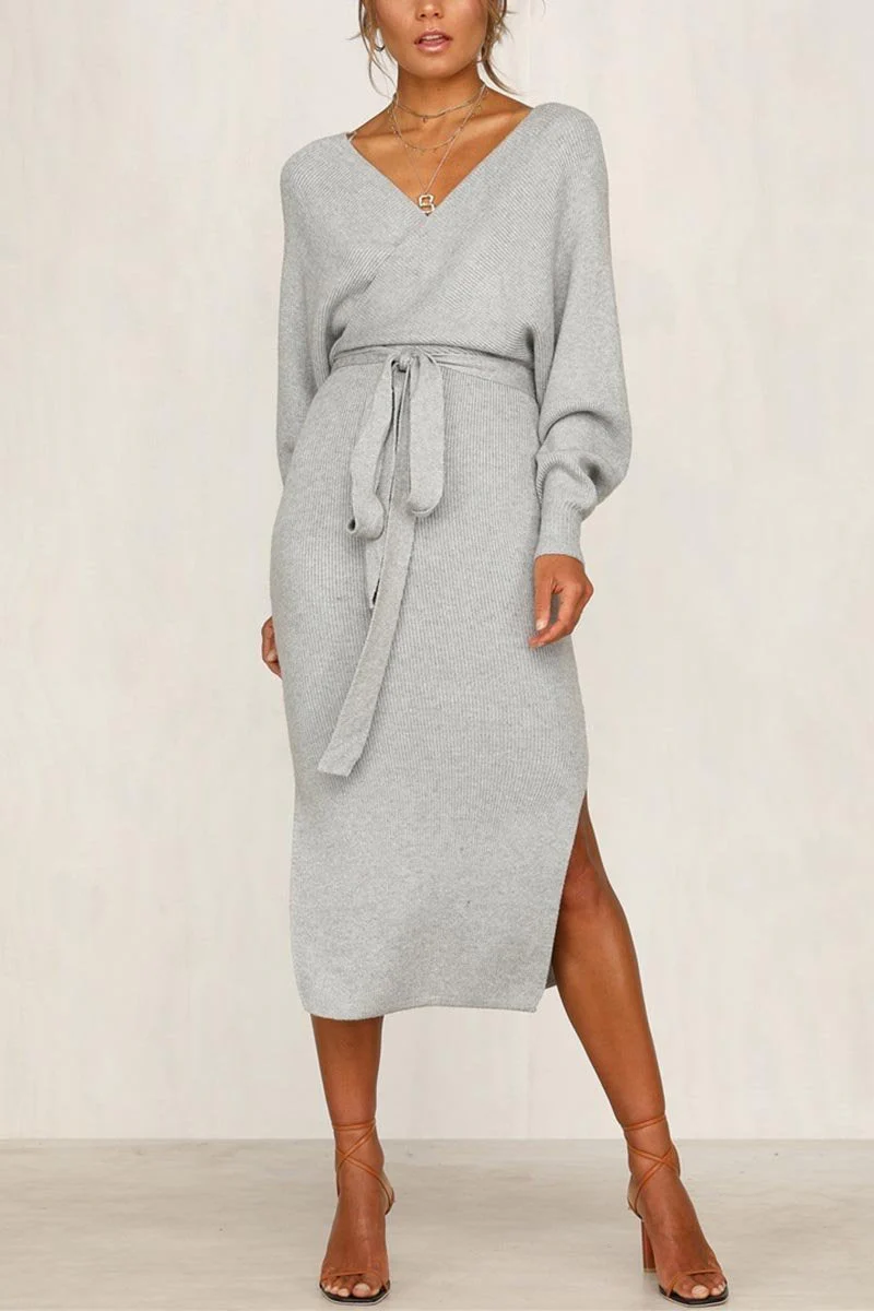 hulianfu hulianfu V Neck Backless Sweater Dress(5 Colors) - Deanwangkt