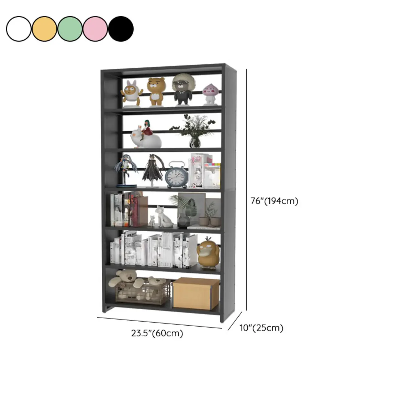 Black Metal 6-Tier Open Back Vertical Bookcase