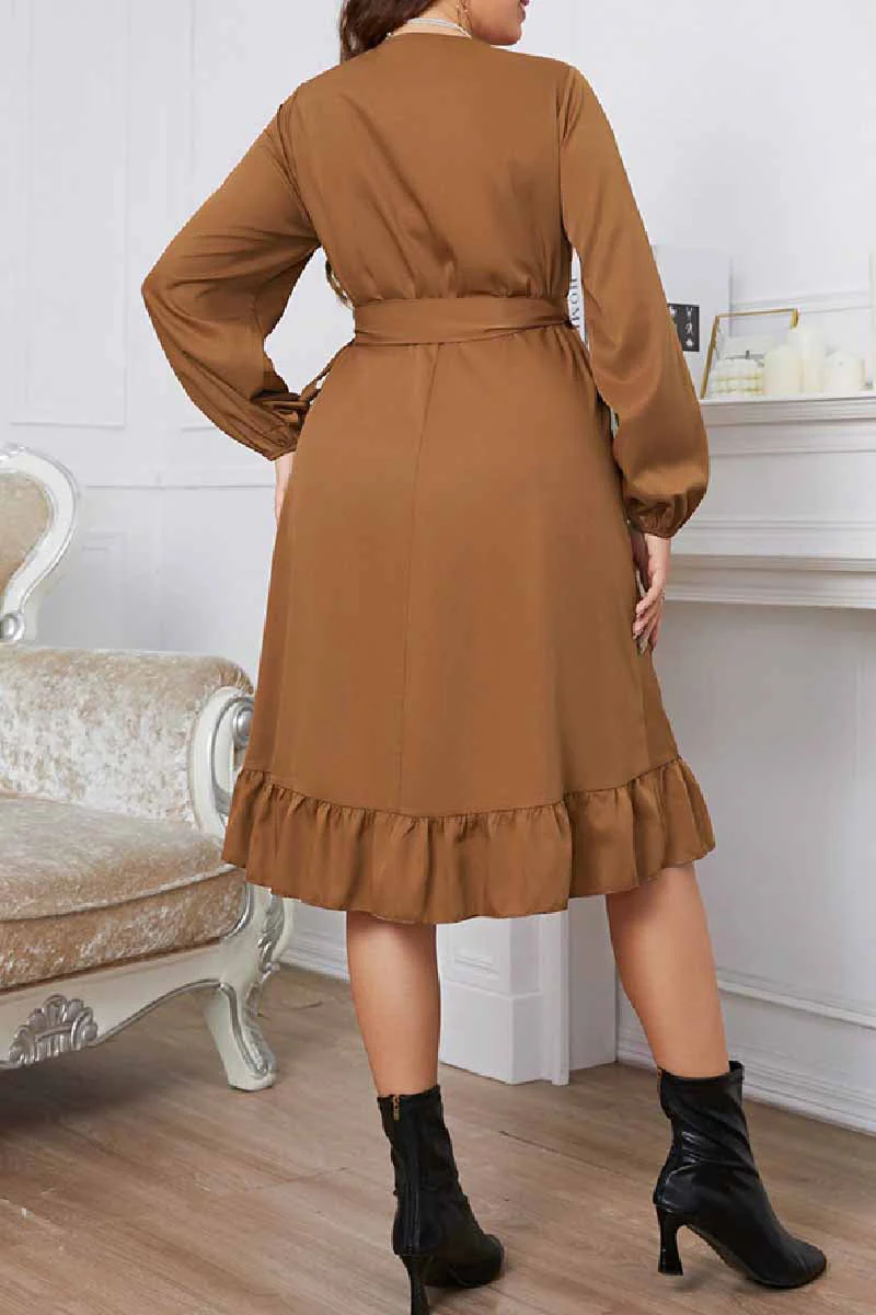 hulianfu Casual Solid Frenulum V Neck Long Sleeve Plus Size Dresses - Deanwangkt