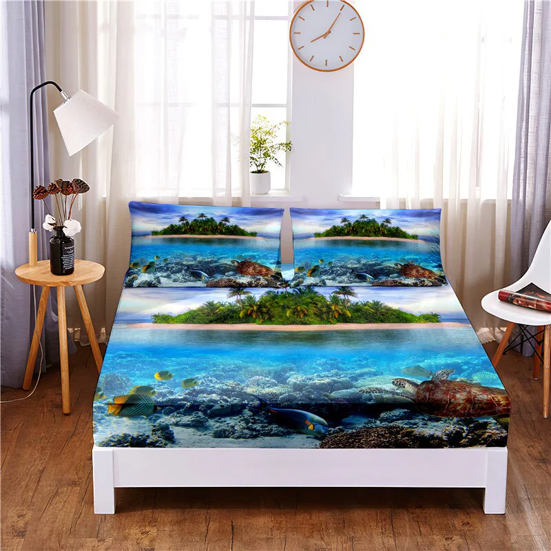 HULIANFU Sunset Beach Digital Printed 3pc Polyester  Fitted Sheet Mattress Cover Four Corners with Elastic Band Bed Sheet Pillowcases - Deanwangkt