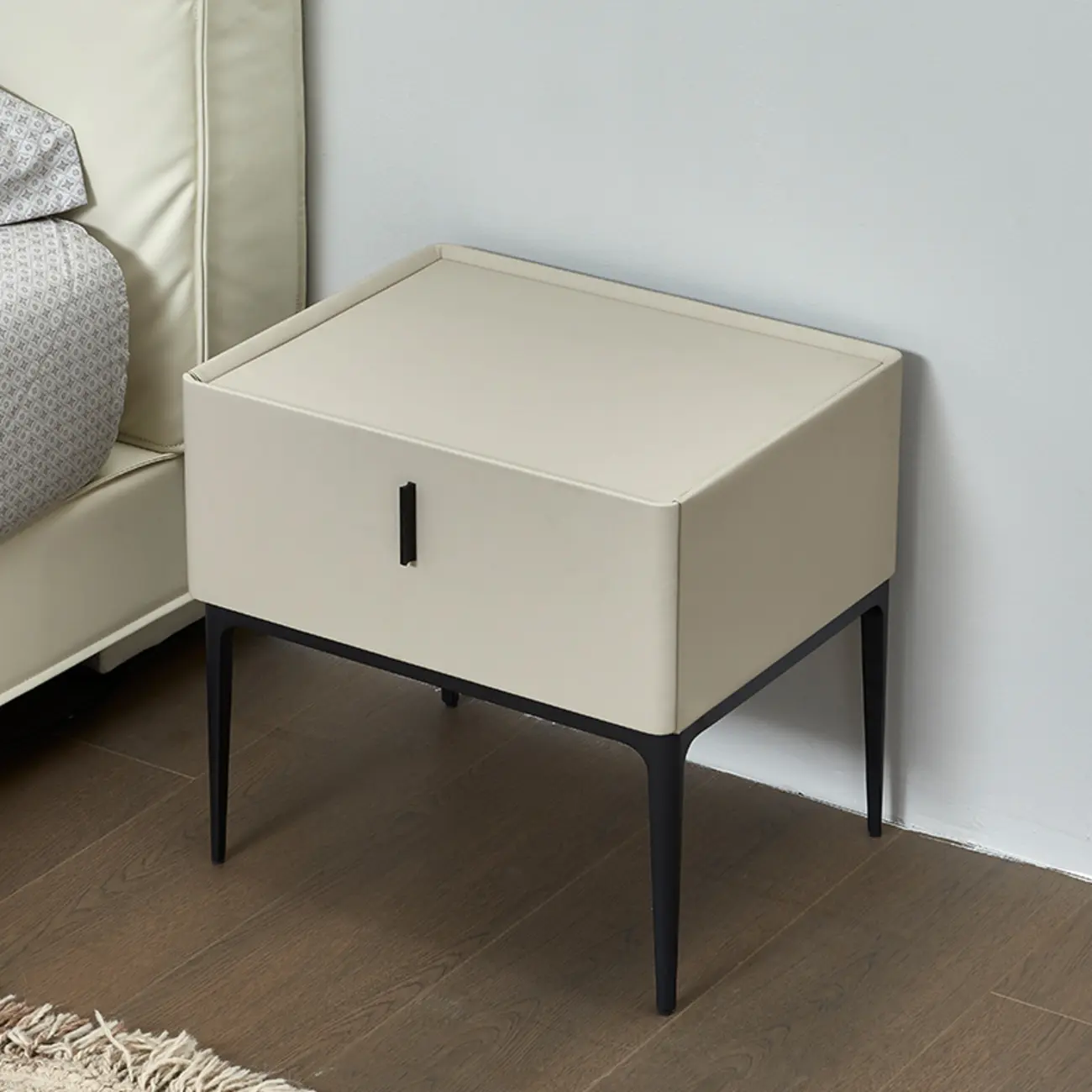 Contemporary Beige Faux Leather 4-Leg Drawer Nightstand