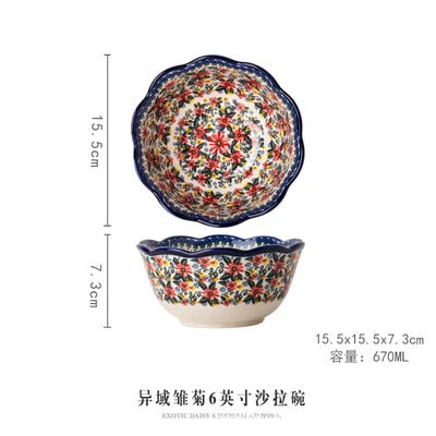 HULIANFU Krusoal Retro Ceramic Handle Salad Bowl Household Oven Breakfast Bake Pan Microwave Bohemia Binaural Soup In-glaze Tableware - Deanwangkt
