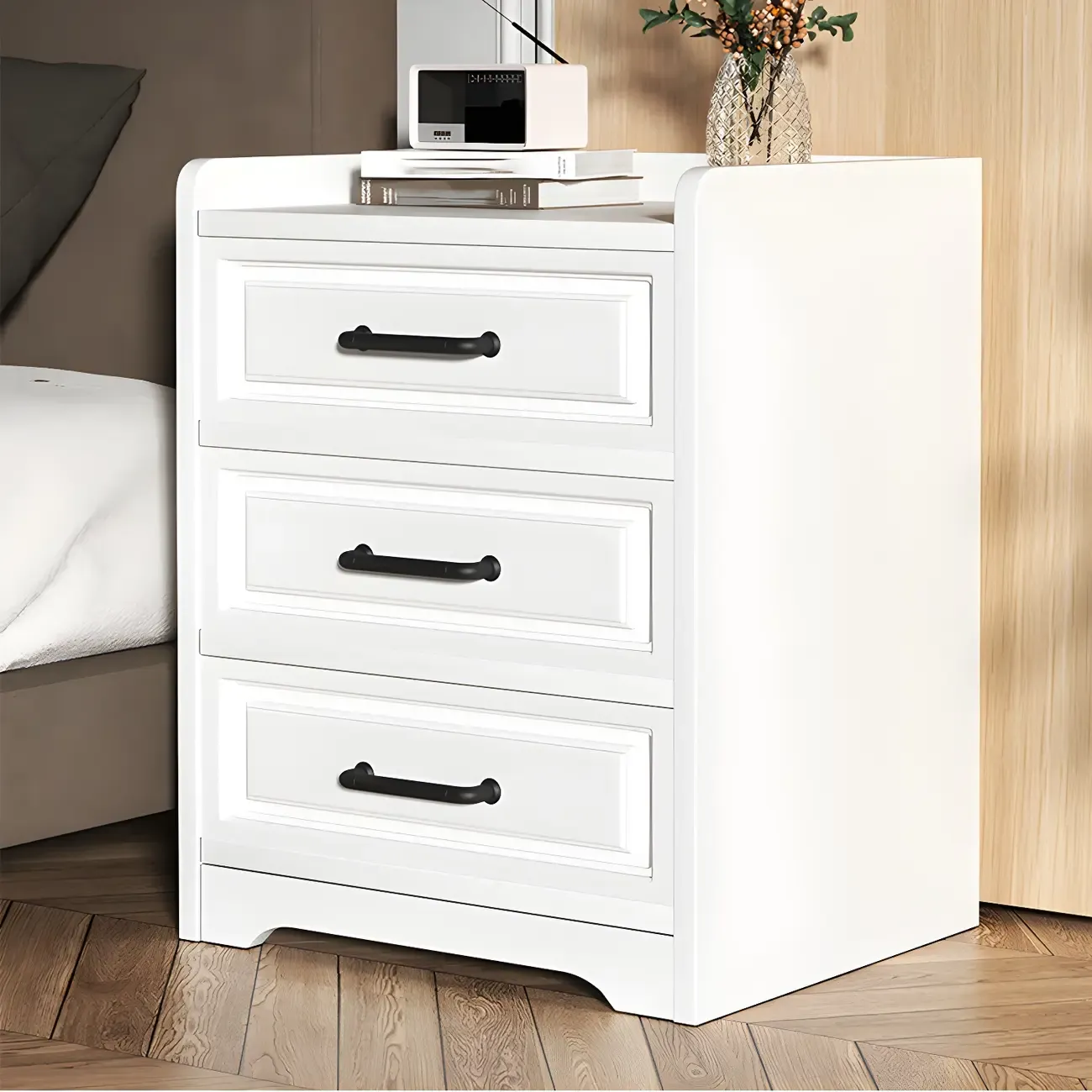 Modern White Wooden Tray Top 2-Drawer Nightstand
