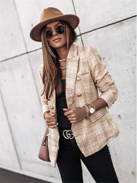 Demaifashion Slim Blazer Women Vintage Print Long Sleeve Button Veste Femme Casual Business Jacket Coat Office Ladies Suits Tops - Deanwangkt