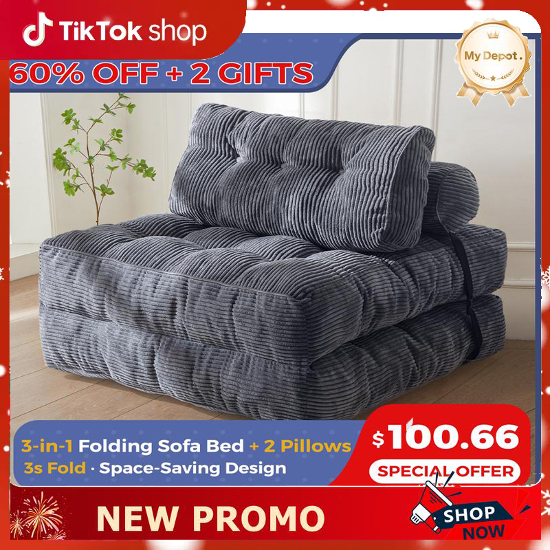 【Hot Sale- 80%OFF MAXYOYO Corduroy Folding Sofa Bed, Convertible Sleeper Chair with Pillow Foldable Mattress with Back Support; Single & Double Size
