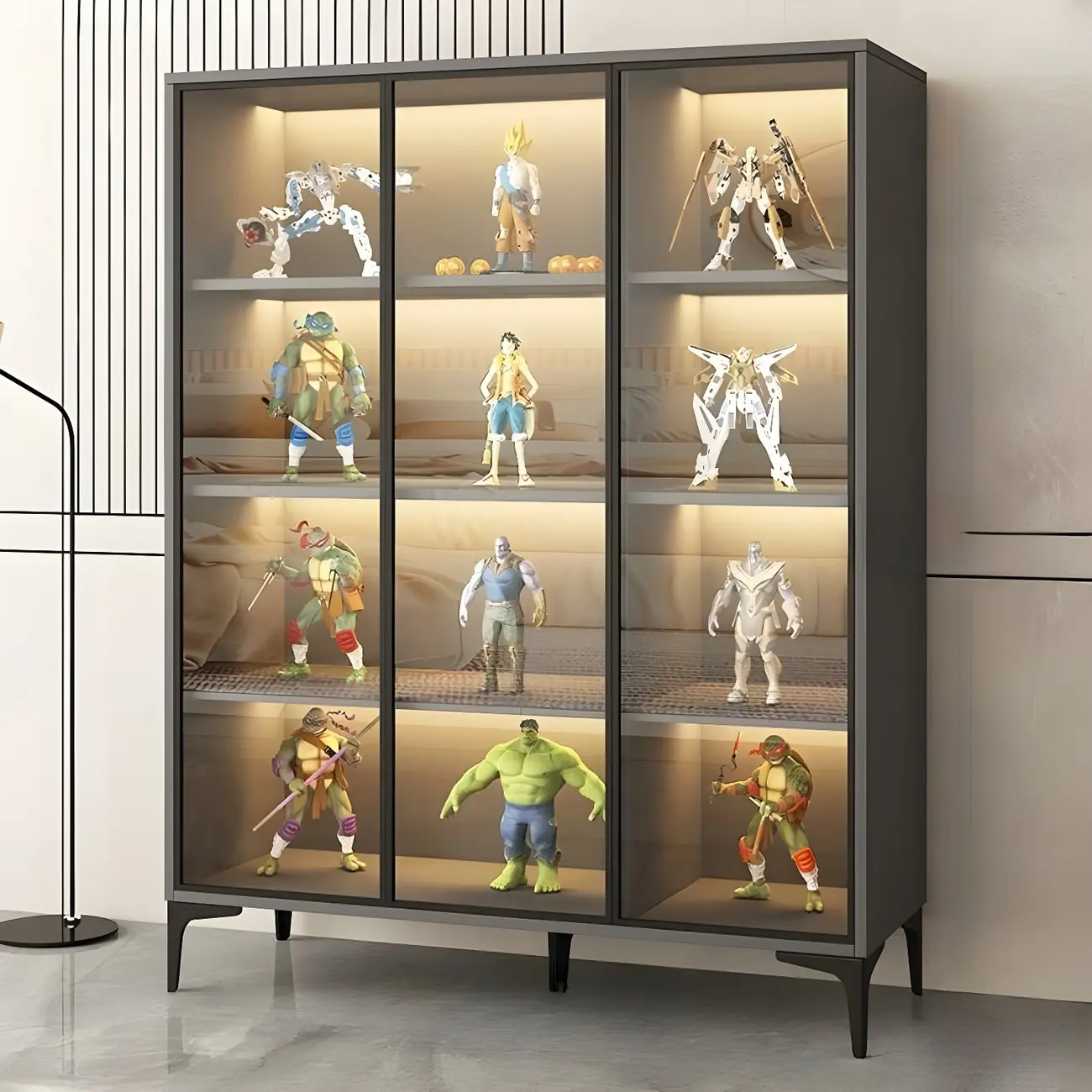 Freestanding Black Tempered Glass Wood Display Cabinet