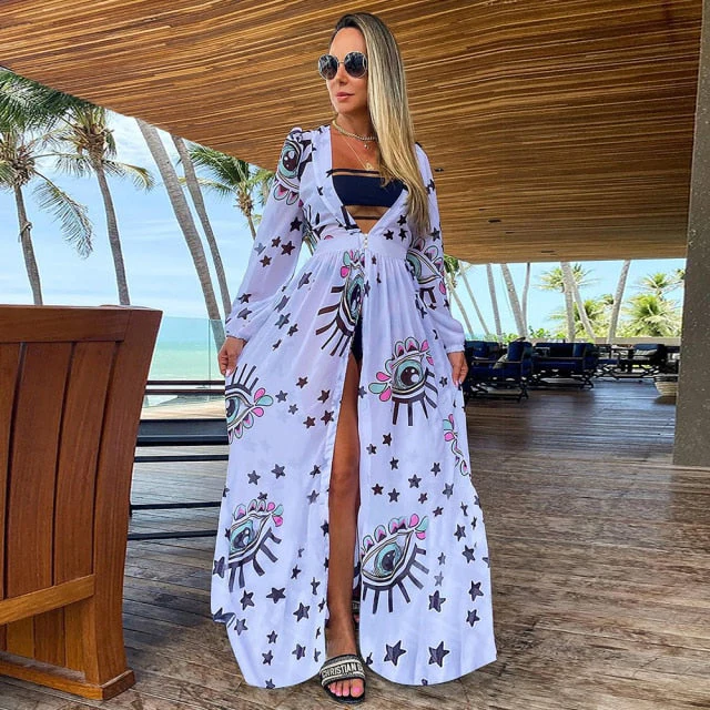 Leaves Print Bikini Beach Cover up Tunics for Beach Long Kaftan Bikini Cover up Robe de Plage Sarong Beach Swimsuit cover-ups - Deanwangkt