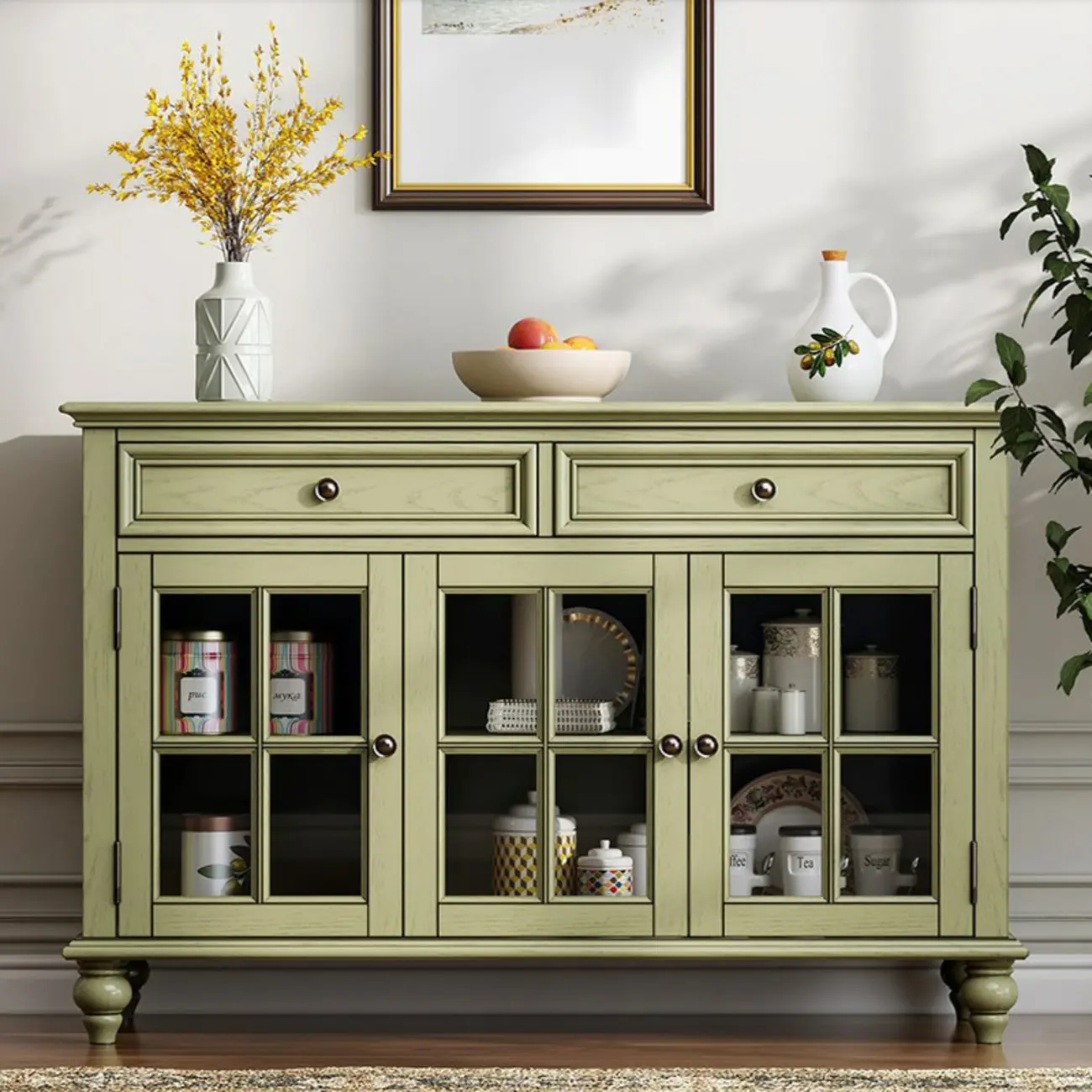 French Country Green Wooden Sideboard with Drawers