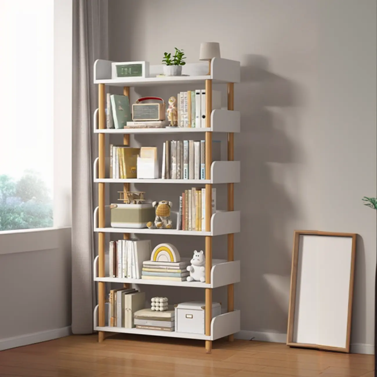 Vertical Natural Multi-Shelf Open Back Wood Bookcase