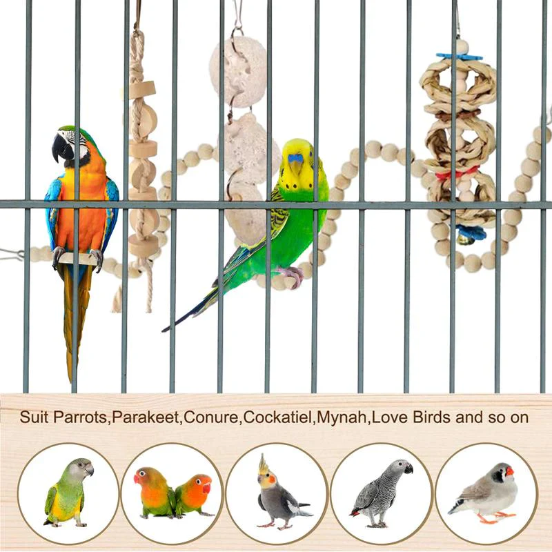 HULIANFU Parrot Swing Chewing Toy Wooden Bird Toys 7 Pcs Small Parrot Chewing Toy Kit Perfect Wooden Bird Toy For Small Parrots Conures - Deanwangkt