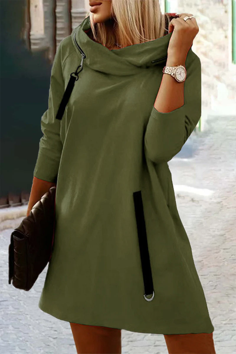 hulianfu Casual Street Solid Zipper Hooded Collar A Line Dresses(5 Colors) - Deanwangkt