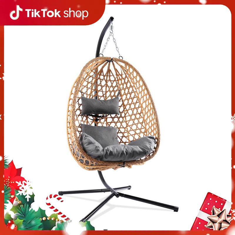 New Egg Swing Chair – Wicker Design, Perfect for Indoor and Outdoor Use, Supports Up to 350LB, Includes Cushion for Extra Comfort