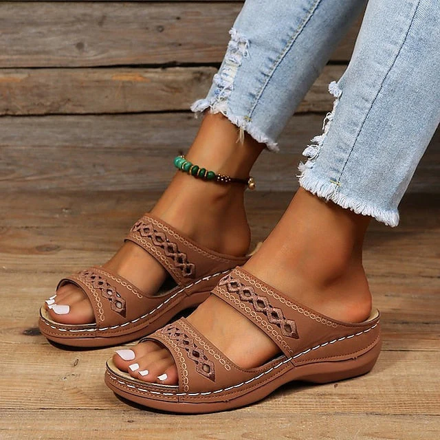 Women's Sandals Slippers Wedge Sandals Comfort Shoes Comfort Sandals Casual Daily Beach Summer Spring Cut Out Embroidery Wedge Heel Round Toe Casual Minimalism Synthetics Loafer Solid Colored Wine - Deanwangkt