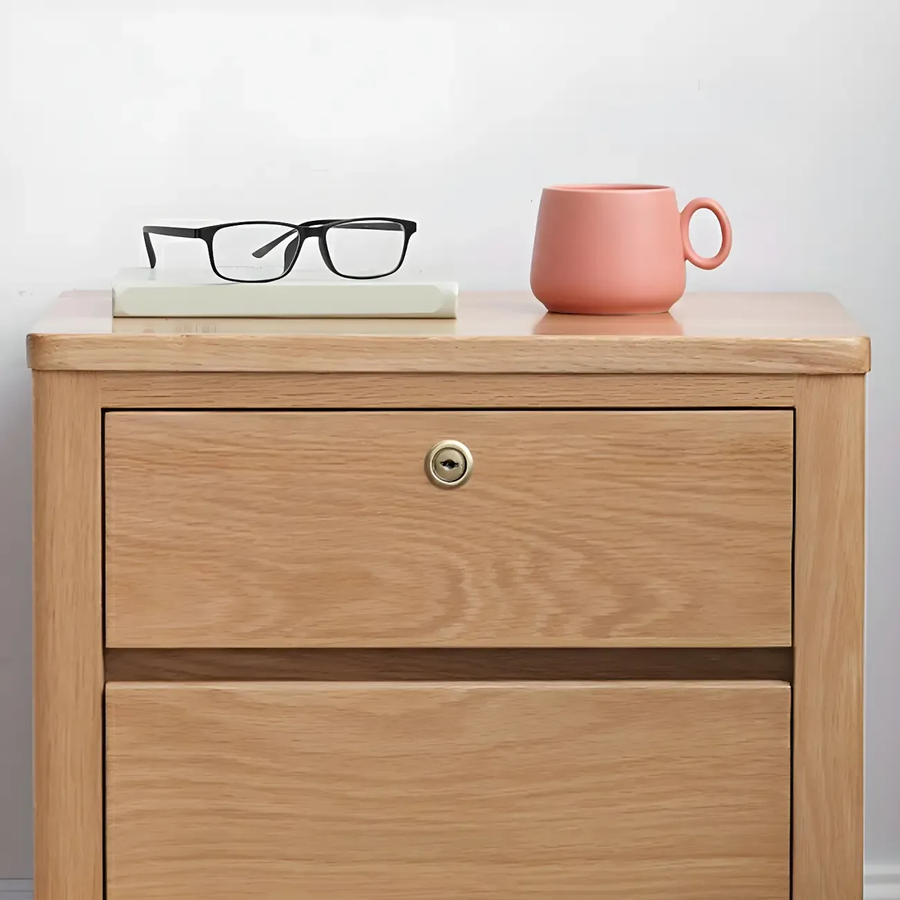 Scandinavian Oak Wood Narrow Locking Nightstand