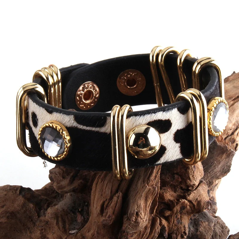 HULIANFU RH Fashion Boho Leather Armbander Goldcolor Metal Rectangle Real Leopard Horsetail Leather Bracelets For Women Gift DropShip - Deanwangkt