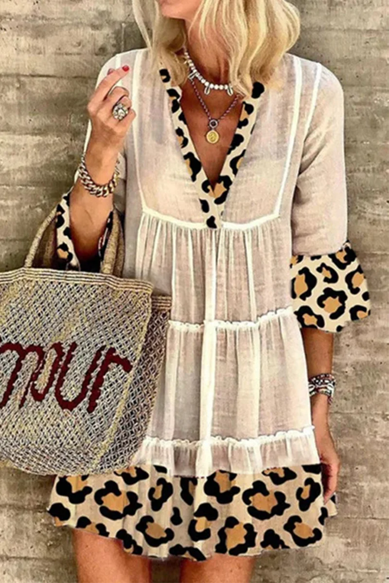 hulianfu Casual Elegant Leopard Lace Patchwork V Neck A Line Dresses(3 Colors) - Deanwangkt