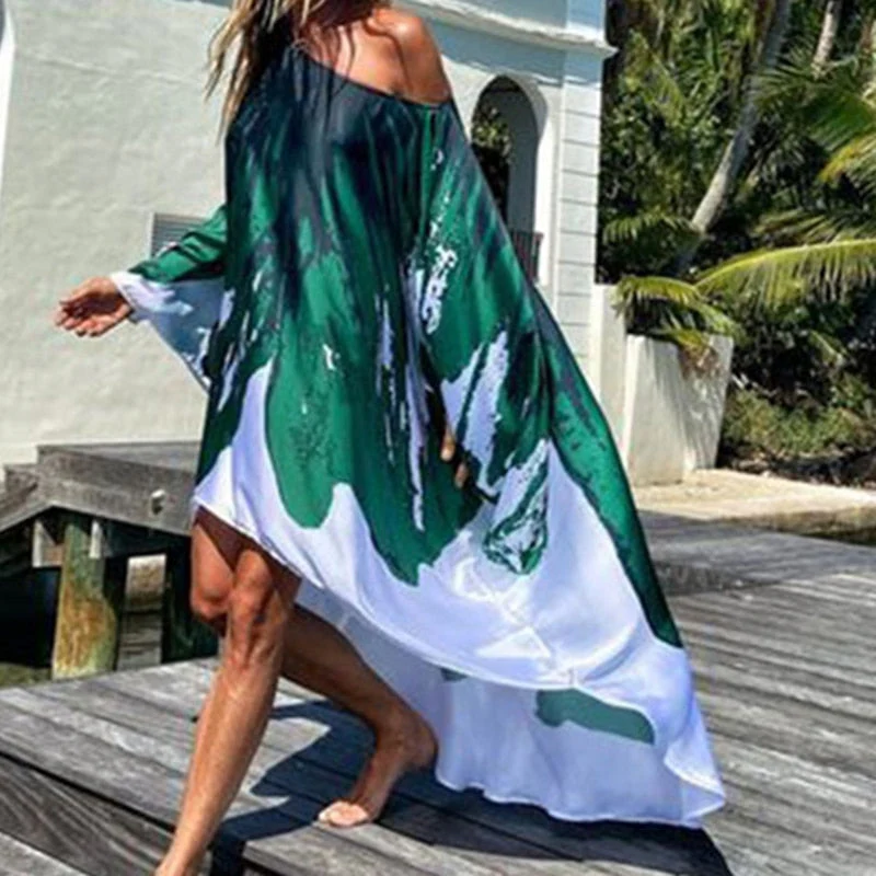Summer Print Beach Dress Women Off Shoulder Cover-Ups Fashion Long Pareos Oversized Boho Dress Loose Swimsuit Cover-Ups Robe - Deanwangkt