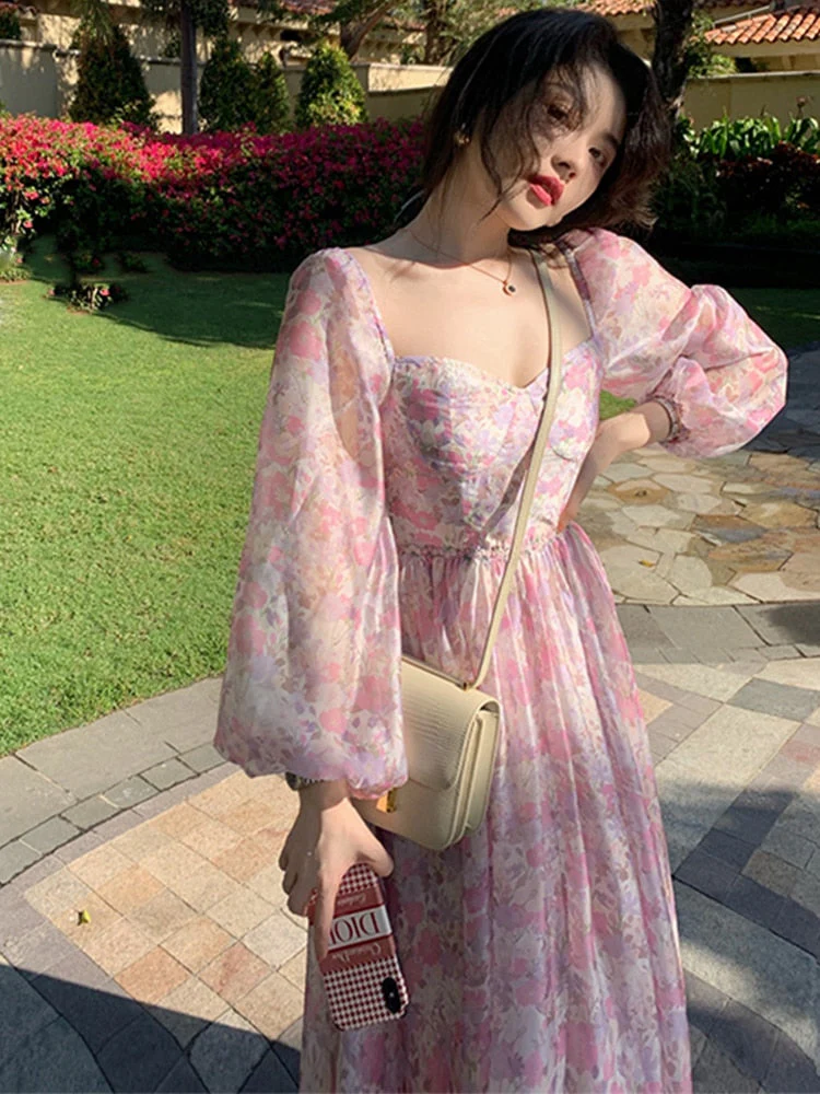 Hulianfu Vintage Long Sleeve One Piece Chiffon Dress for Women Fairy Elegnat French Floral Party Midi Dresses Evening Korean Summer - Deanwangkt