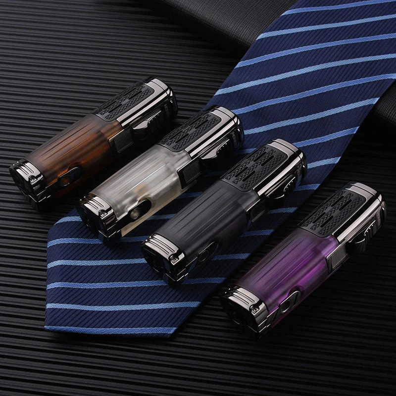 HULIANFU Metal Windproof Spray Gun Gas Lighter Smoking Four FlamesTorch 1300 C Multifunction Cigar Butane Lighters With Cigar Cutter - Deanwangkt
