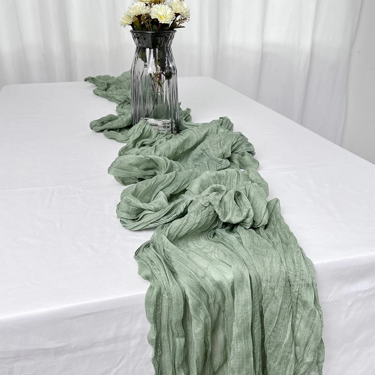 HULIANFU Semi-Sheer Gauze Table Runner Sage Cheesecloth Table Setting Dining Vintage Wedding Party Christmas Banquets Arches Cake Decor - Deanwangkt