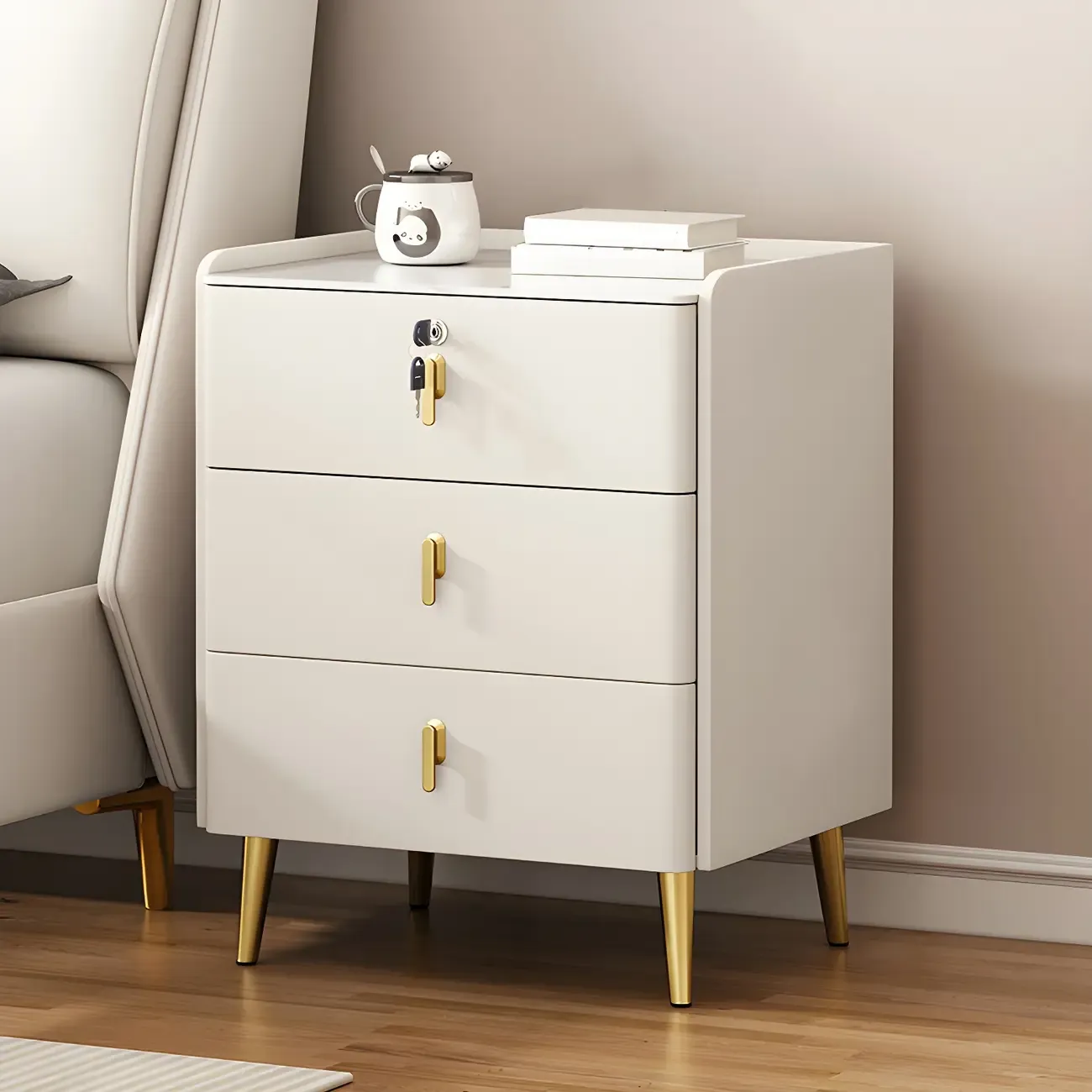 Modern Faux Leather 3 Drawers Nightstand with Stone Top