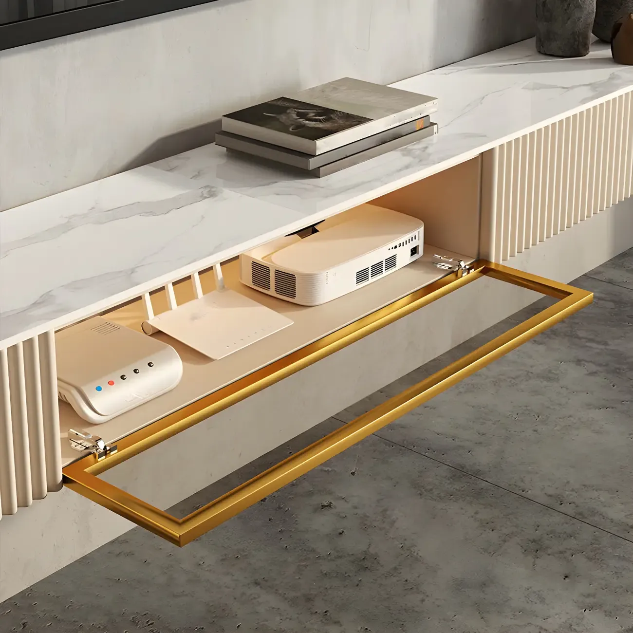 71 Beige Stone Floating TV Stand with Cable Management