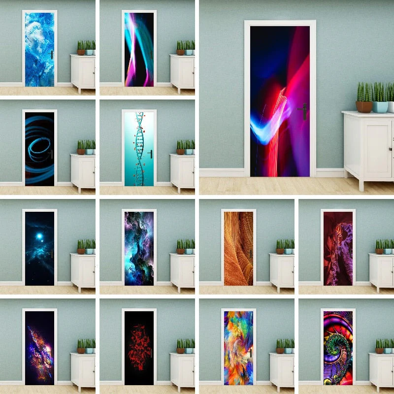 HULIANFU PVC Material Self-adhesive Door Stickers Art Colorful Light Tie-dye Blooming Abstract Home Decor Poster Door Decoration Stickers - Deanwangkt