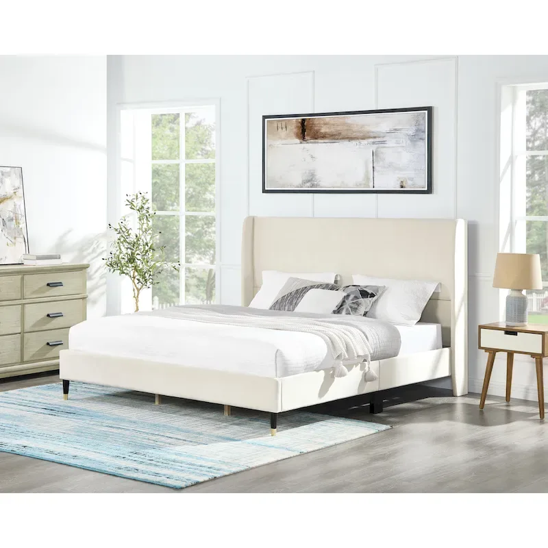 Beige King Size Style Platform Bed with Wingback Velvet Headboard