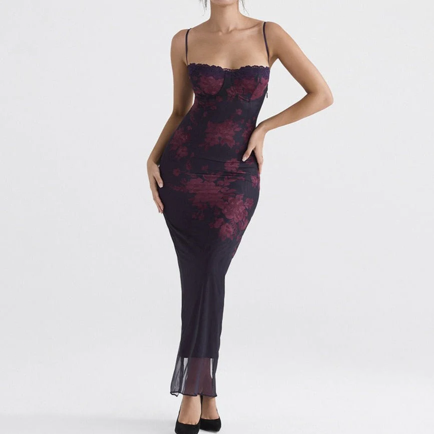 Hulianfu Floral Print Maxi Prom Dress Sexy Mesh Celebrity Evening Party Dresses Bodycon Spaghetti Strap Summer Women Dresses - Deanwangkt