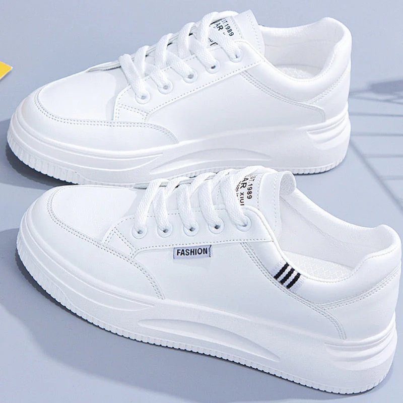 hulianfu Women White Sneakers Autumn Lace Up Thick Bottom Casual Flats Anti-slip Outdoor Walking Sports Board Shoes Sapatos Femininos - Deanwangkt