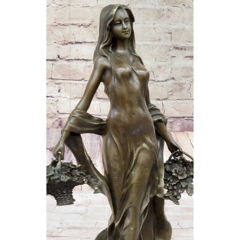 Real Bronze Statue Farmer Girl W/Flower Basket Sculpture Fall Harvest Figurine Art