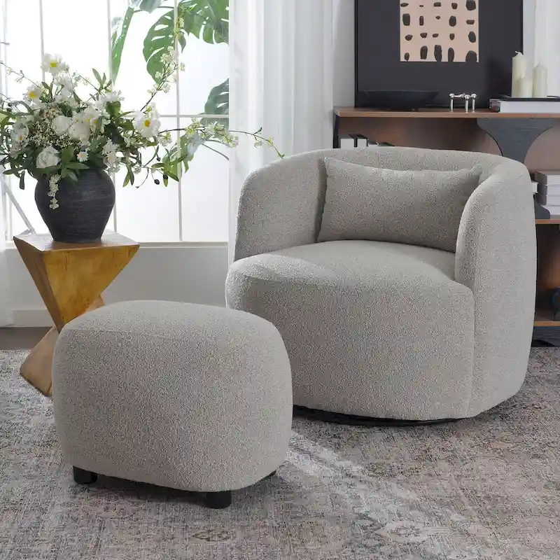 KINWELL 23 Wide Boucle Upholstered Footstool Ottoman Sofa Chair Footrest