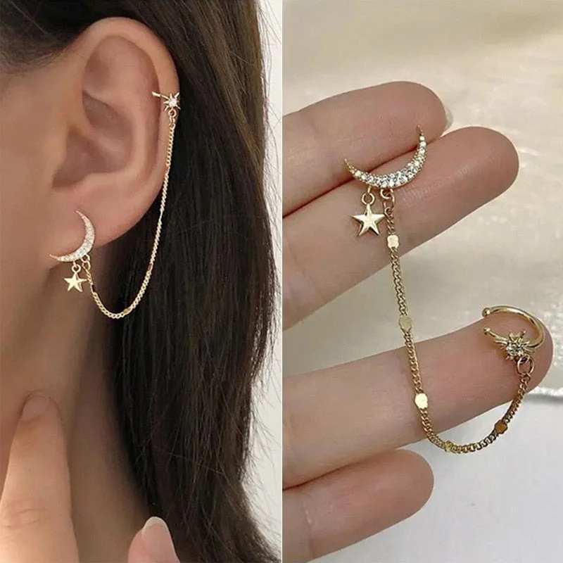 1PC New Fashion Gold Color Moon Star Clip Earrings For Women Simple Butterfly Fake Cartilage Long Tassel Ear Cuff Jewelry Gifts - Deanwangkt