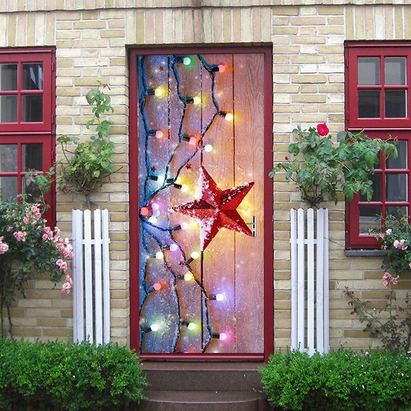 HULIANFU 2026  Christmas Light Red Five-Pointed Star Wallpaper Pvc Self-Adhesive Waterproof Mural Picture 3D Restaurant Door Stickers Christmas - Deanwangkt