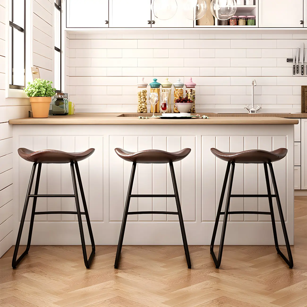 Classic Brown Saddle Leather Counter Height Bar Stools