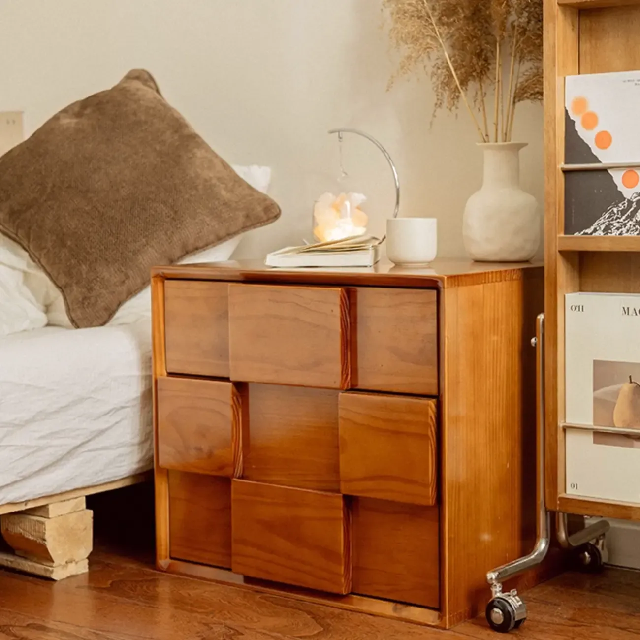 Mid-Century Modern Wood Nightstand with 2 Drawers