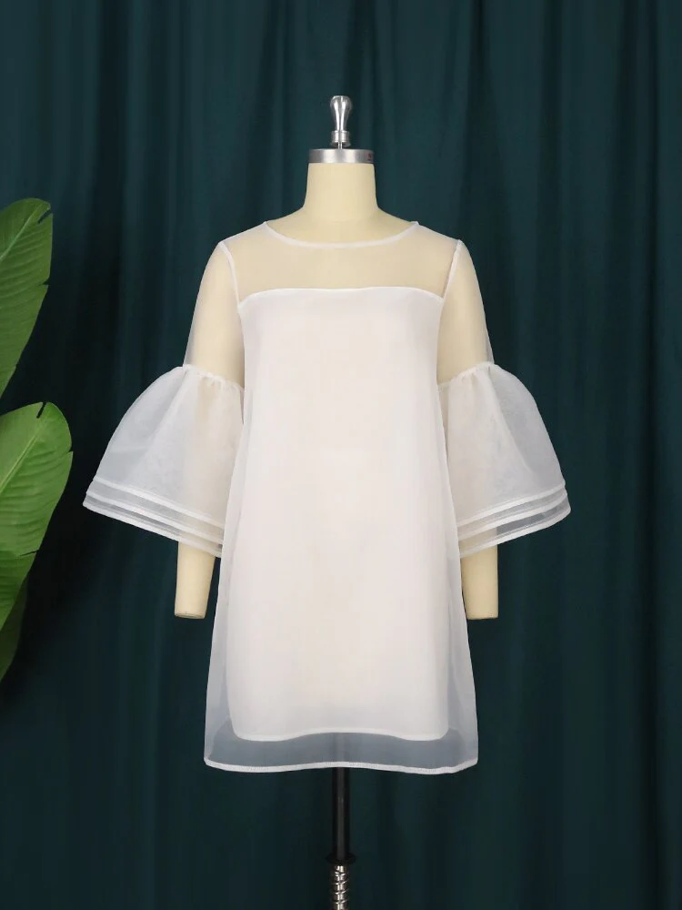 Women White Dresses Sweet O Neck 3 Layers Bell Sleeve Shift Dress See Through Tulle Cover Mini Loose Robes Elegant Fashion - Deanwangkt