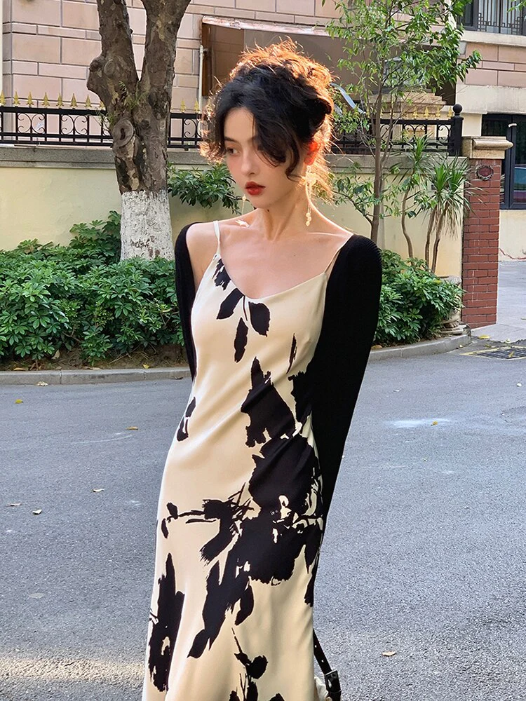 Hulianfu Vintage Elegant Print Spaghetti Strap Midi Dress for Women Party Fashion One Piece Bodycon Prom Robe Vestidos Summer Korean - Deanwangkt