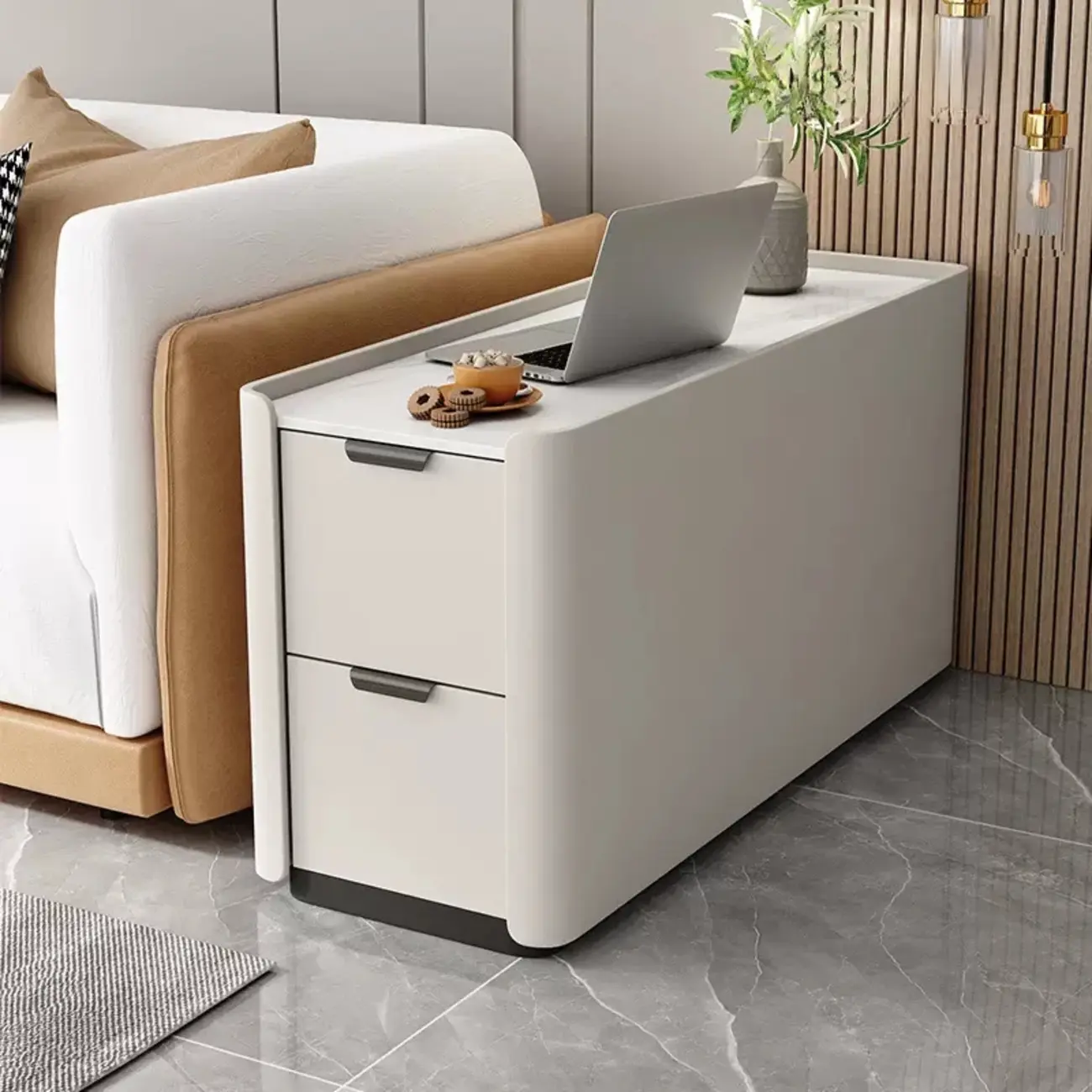 Compact Khaki Stone Top 2-Drawer Wood Block Side Table