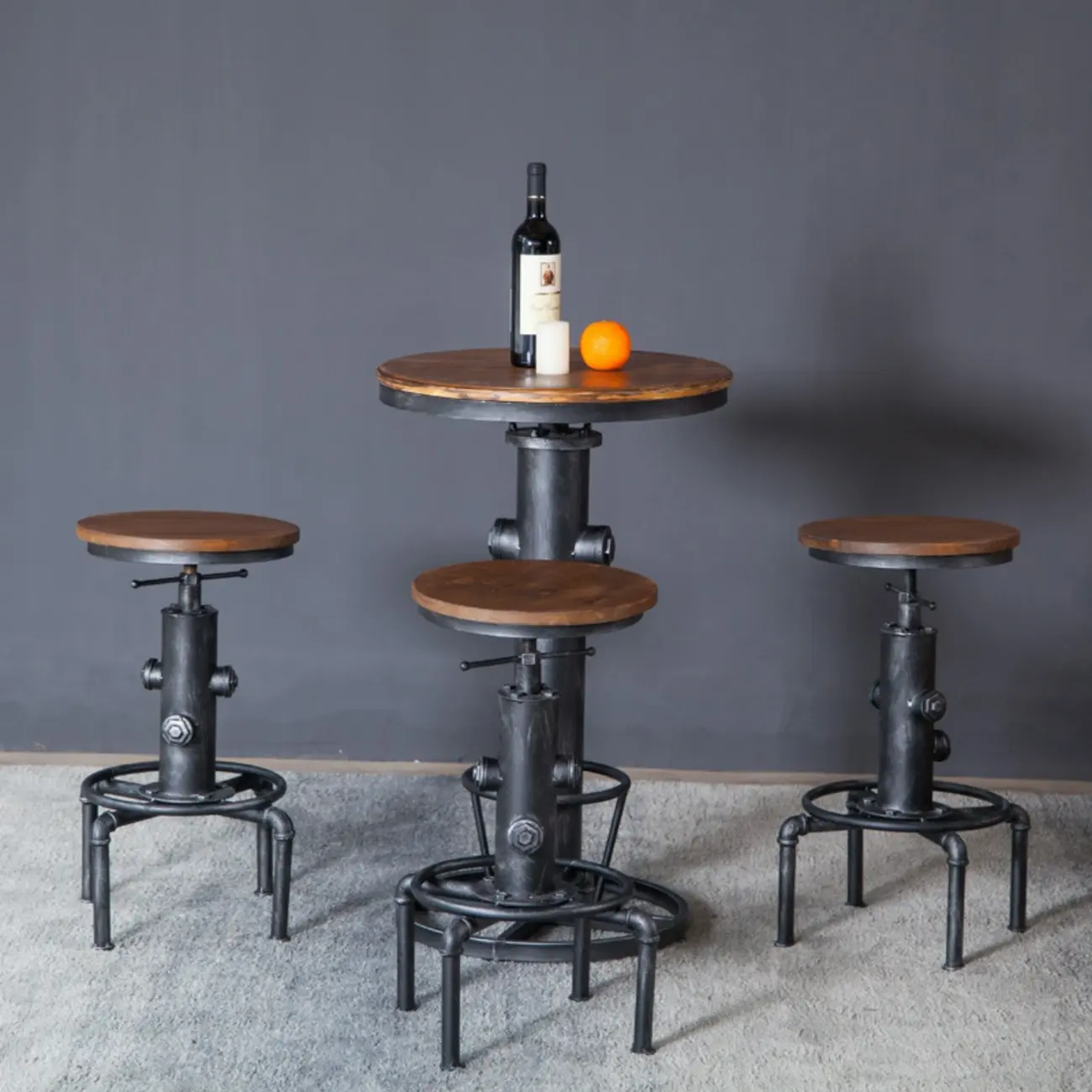 Adjustable Height Industrial Wood Metal Round Bar Table