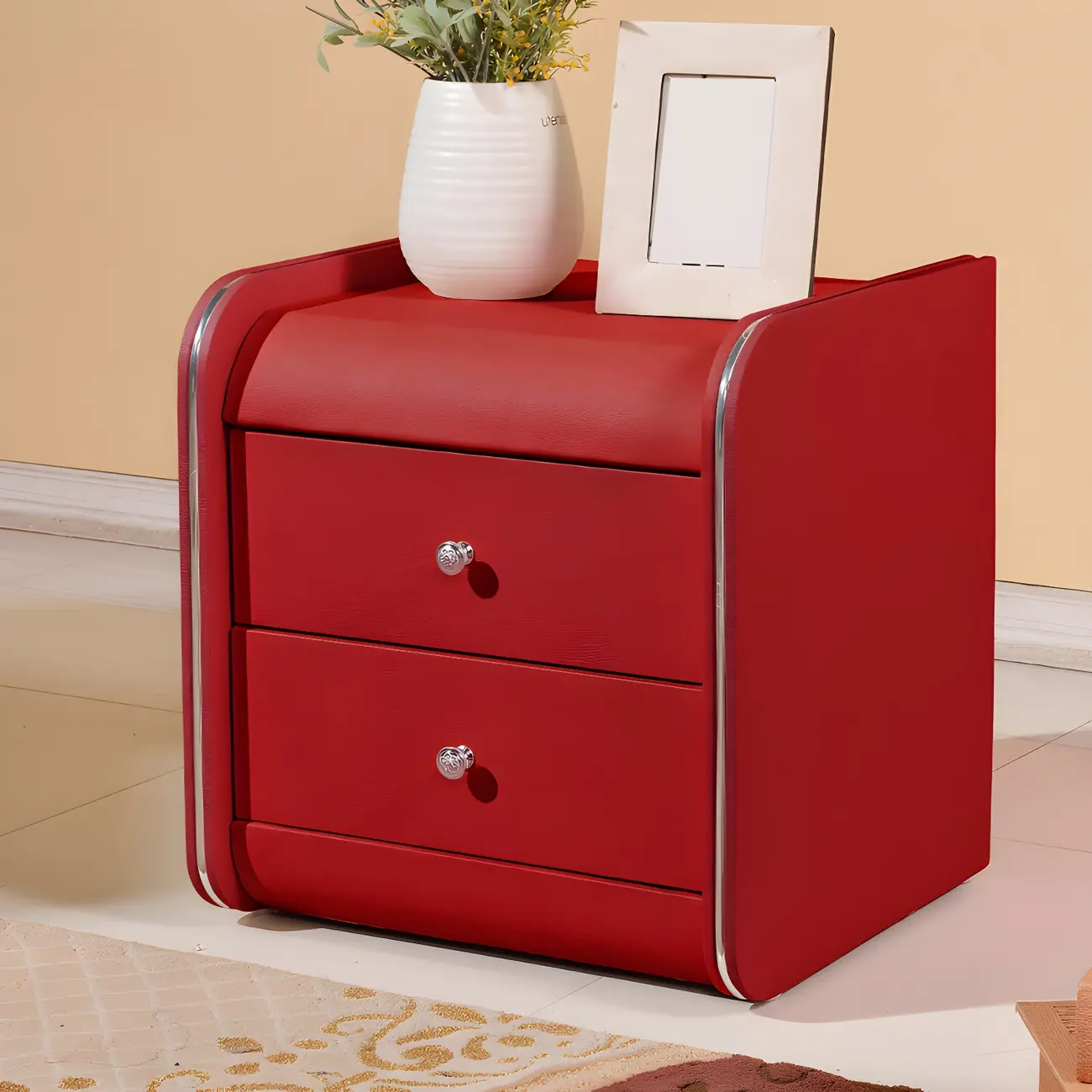 Stylish Narrow Faux Leather Bedside Table with 2 Drawers
